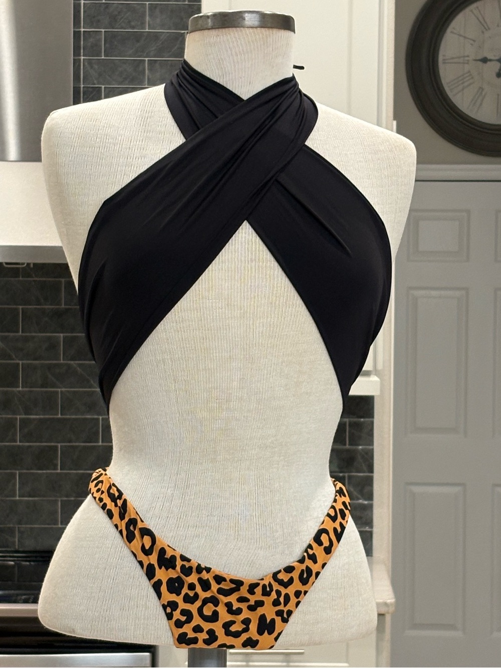 Reina Olga Showpony Black Cross Halter Top with Leopard Print Bikini Bottom